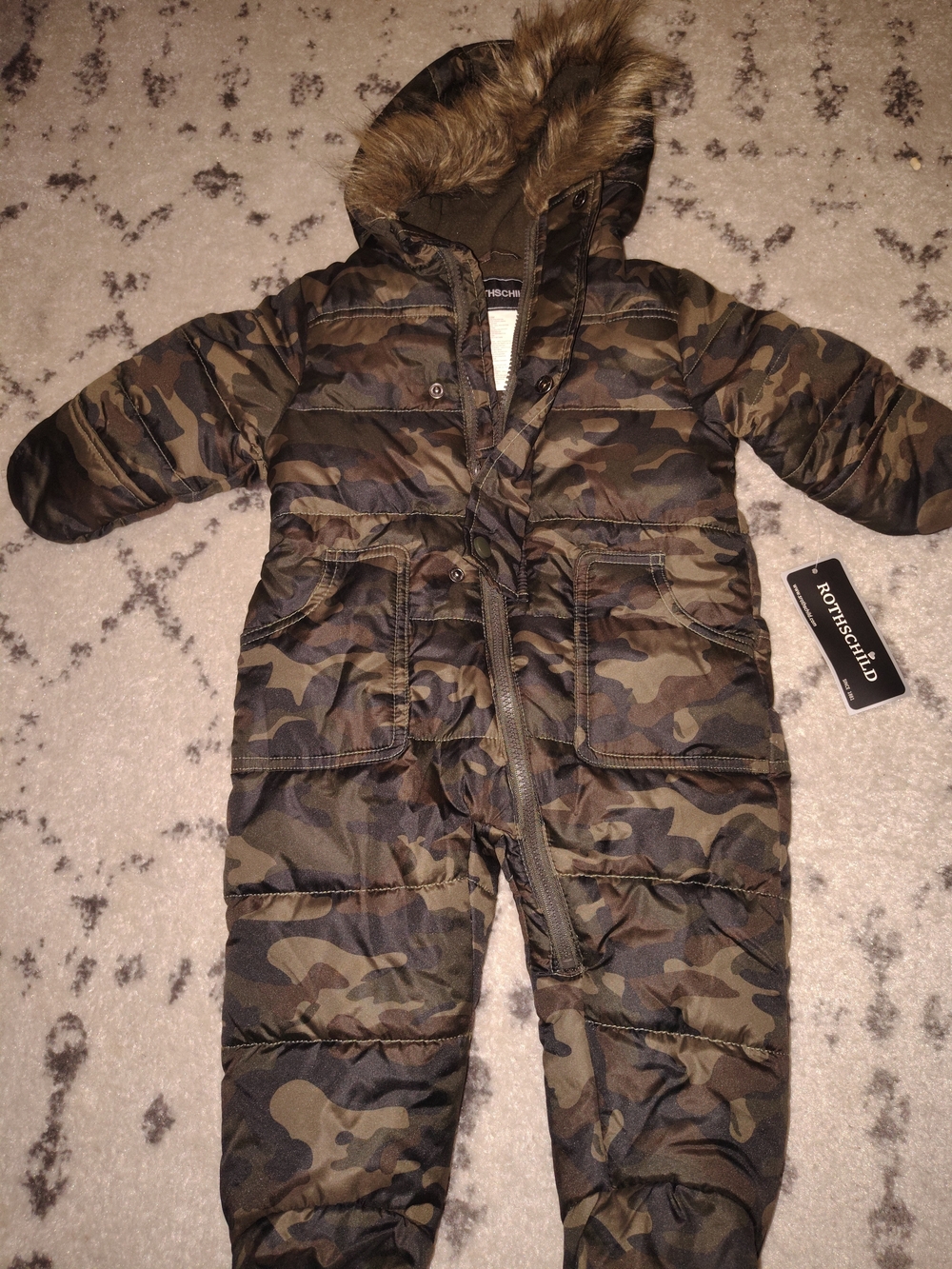 Rothschild Olive and Brown Camouflage Baby Puffer Jacket with Faux Fur Trim